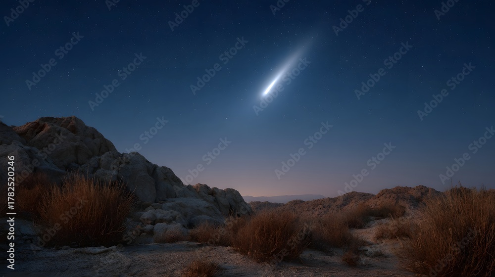 Fototapeta premium A shooting star streaks across a dark desert sky above rocky terrain at twilight