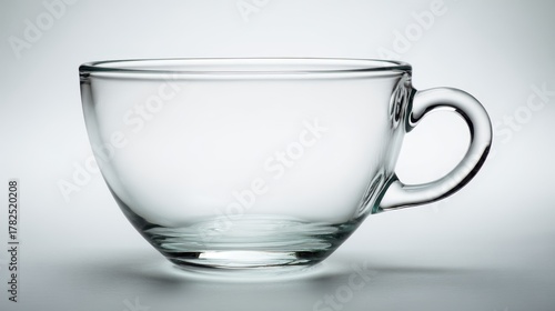 A clear glass cup with a curved handle sits on a reflective surface against a subtle gradient background