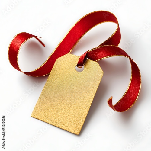 Blank gold gift tag with red ribbon isolated on white background, copy space available