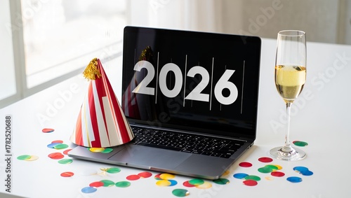 Minimalist Workspace Celebration 2026 – Laptop with Party Hat, Confetti, and Champagne Glass