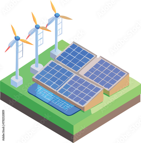 Isometric Renewable Energy Concept with Solar Panels and Wind Turbines on Green Land