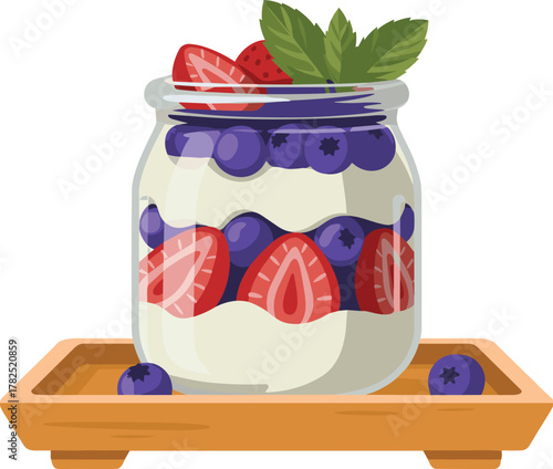 Layered Yogurt Parfait in Jar - Healthy Breakfast with Berries and Mint