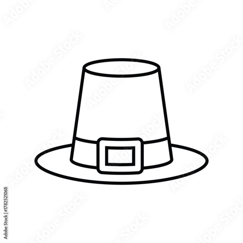 A black and white line drawing of a pilgrim hat It has a tall slightly tapered crown a wide brim and a belt with a rectangular buckle