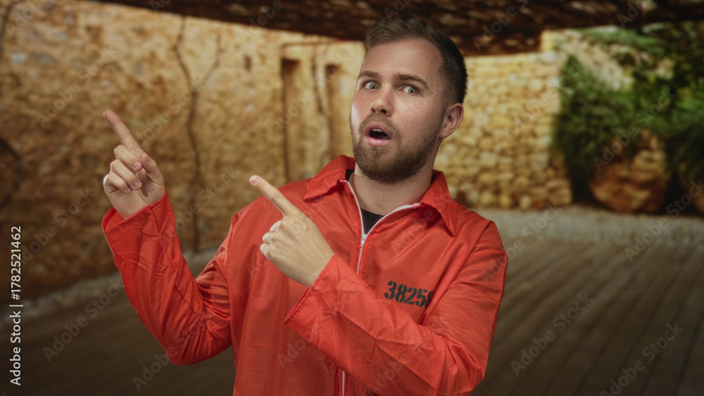 Fototapeta premium Man prisoner in orange jumpsuit points finger to ceiling in building stone empty room; playful defiance resilience.