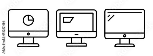 Three computer monitors displaying different data visualizations and user interfaces icons