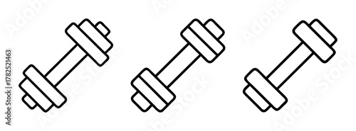 Three black and white dumbbell weights for fitness training and strength exercise equipment workout