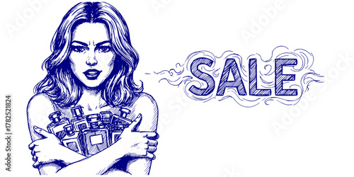 Woman holding perfume bottles with sale promotion illustration  