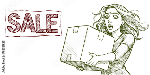 Woman excitedly holding a box during a sale event  