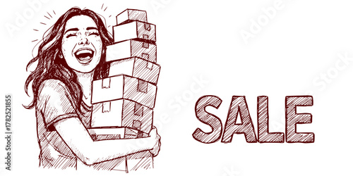 Happy woman holding stacked boxes during a sale promotion  