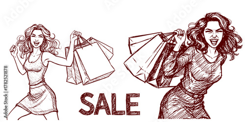 Women shopping and celebrating sale with shopping bags in hand  