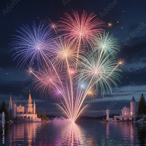 Fireworks over a lake at night