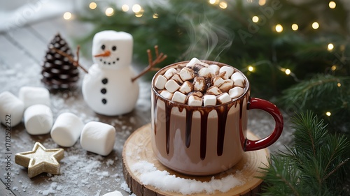 Hot chocolate with snowman on wood