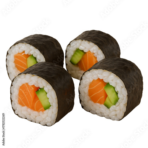 3D Salmon Cucumber Sushi Rolls Isolated on White Background