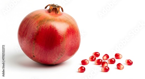 Ripe Red Pomegranate with Seeds on White Background Fresh Still Life