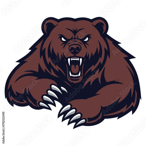Stylized illustration of a bear, possibly a grizzly .The bear has a fierce expression, showcasing its sharp teeth and prominent claws.