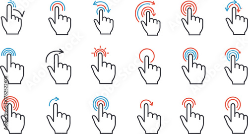 Touchscreen hand gesture icons, tap swipe pinch spread motions, mobile UI interaction symbols, vector set for app design, interface tutorial graphics