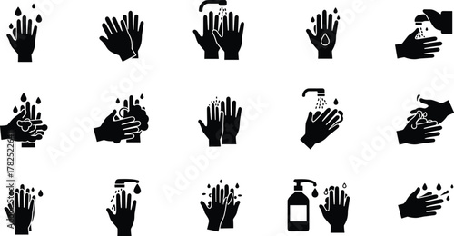 Handwashing icons, hygiene steps, washing hands, soap and water, sanitizer, clean hands, health safety, silhouette vector, black pictogram, prevention