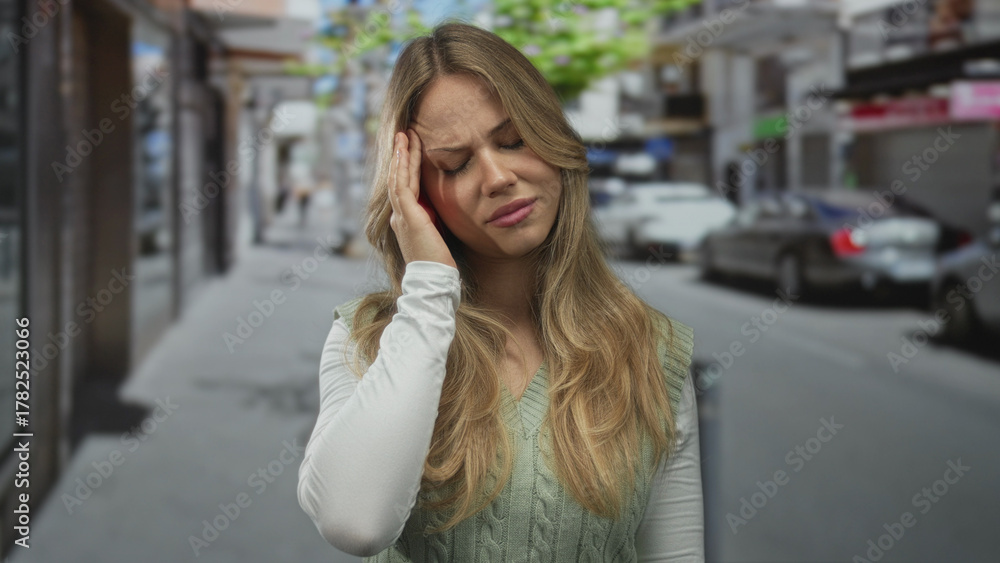 Fototapeta premium Blonde woman with long hair clutches head in pain on urban street; headache stress discomfort fatigue.