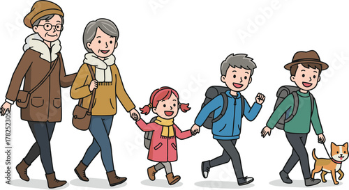 family walk, winter clothing, hiking trip, outdoor activity, dog, backpack, coat, scarf, boots, cold weather, bonding, togetherness, teenage boy