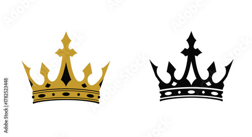 Golden and black crowns presented side by side on a white background