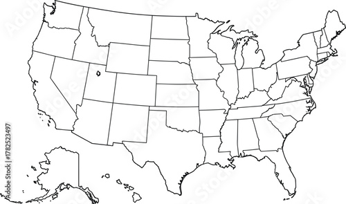 Blank USA map outline vector, unlabelled United States silhouette, educational geography template, printable state borders, stock illustration for learning, quiz