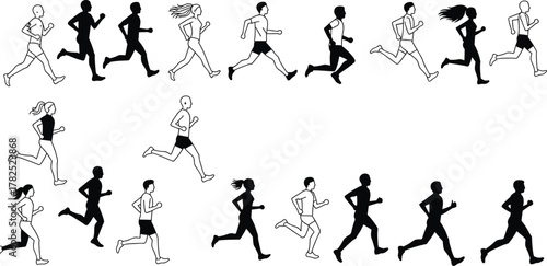 Running motion cycle silhouettes, athletic movement sequence, sports biomechanics, black and white figures, dynamic pose reference, animation frame set, fitness concept illustration