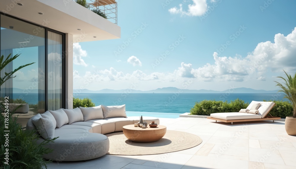 Obraz premium Modern villa terrace with plush seating overlooks calm blue ocean expanse. Elegant outdoor furniture and chaise lounge invite relaxation on sunny day. Infinity pool blends with horizon.