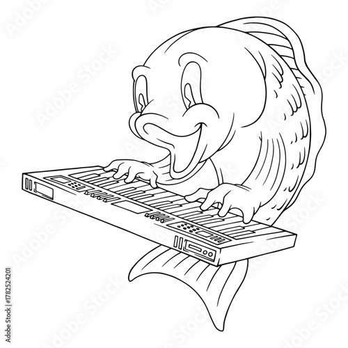 retro cartoon fish mascot playing piano keyboard coloring page