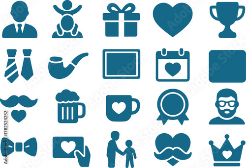 Fathers day icon set isolated on white background, featuring symbols of love, appreciation, and celebration for dads in a simple black silhouette style