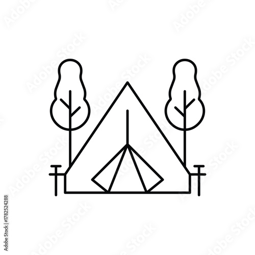 A blacklined camping tent flanked by trees set