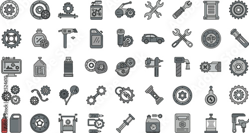Automotive icons, mechanical tools, car parts, repair equipment, garage service, wrench, gear, oil can, engine, vector set, maintenance, illustration