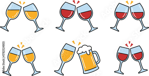 Cheers celebration vector, clinking glasses icon, beer wine toast, festive drink party, social gathering symbol, colorful beverage illustration set