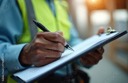 Worker in hi vis vest writes on clipboard. Male hand holds pen, fills out list for inspection or inventory. Professional checks papers on site for building project.