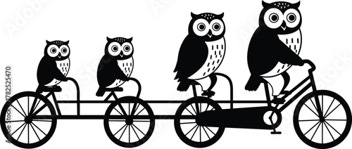 Whimsical owl family riding tandem bicycle, cute birds pedaling together, black and white animal illustration, funny wildlife teamwork concept, vector art
