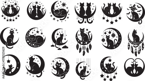 Magical cat silhouettes on moons for creative crafts and celestial designs, perfect for Halloween or spooky season projects, with stars and dreamcatchers