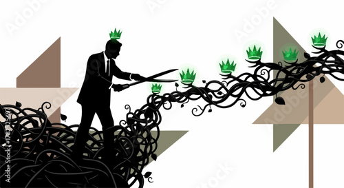 Businessman meticulously trimming a vine laden with crown symbols, symbolizing growth and ambition.