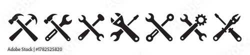 Tools and Service icons set. Wrench, screwdriver and gear icon. Screwdriver and wrench glyph icon. Settings and repair, service sign - stock vector illustration.