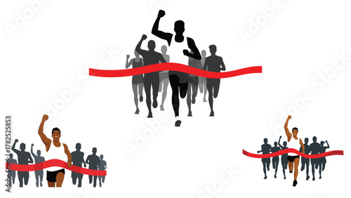 Silhouette of the race with the winner crossing the red ribbon, collection of a group of runners crossing the red line