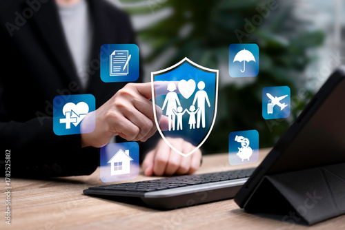 Future Insurance Planning Concept, Businesswoman Touching Family Insurance Icon, Health, Travel, Home, Car, and Retirement Financial Protection, Smart Risk Management and Life Security Strategy