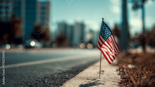 Fototapeta Naklejka Na Ścianę i Meble -  Small national banner stands proudly on the edge of an urban roadside pavement