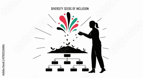 Woman scattering seeds of diversity and inclusion, fostering growth and connection.
