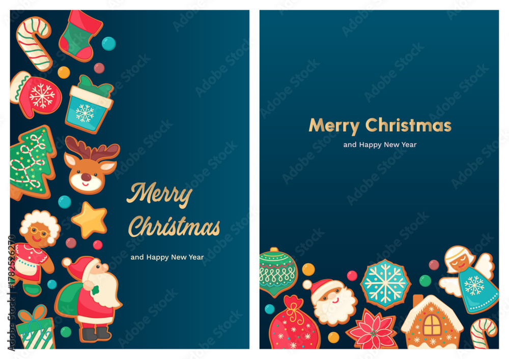 Naklejka premium Merry Christmas greeting card with gingerbread cookie border frame. Golden text on navy blue background. Banner, postcard or sugar cookies packaging print. Cute Xmas invitation sweet design template.