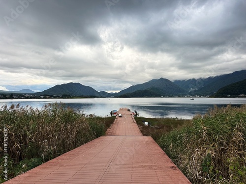 Wooden Pier on Lake Kawaguchi with Mountain View, Japan