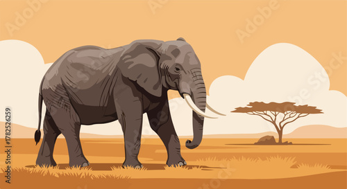 Vector illustration of an elephant walking on savanna,  flat style