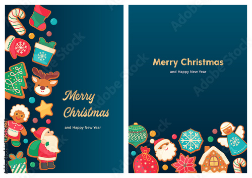 Merry Christmas greeting card with gingerbread cookie border frame. Golden text on navy blue background. Banner, postcard or sugar cookies packaging print. Cute Xmas invitation sweet design template.