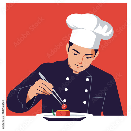 A chef in a white hat meticulously places garnish on food with tongs on a plate