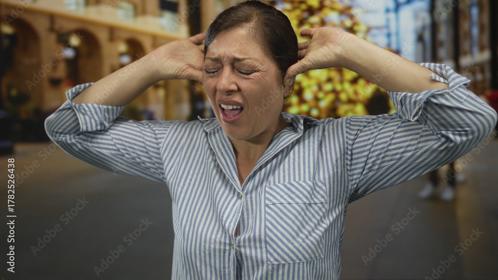 Obraz premium Middle age woman holds hands to ears while grimacing on street as blurred crowd moves behind; annoyance.