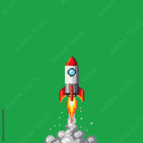 Pixel art rocket ship launching with flames and smoke against a solid green background.