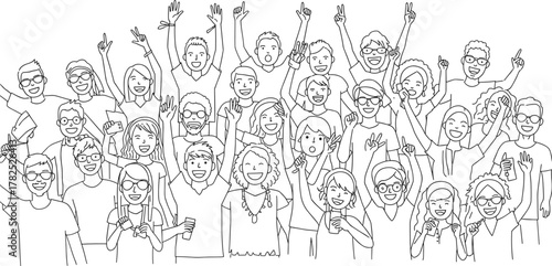 Group of diverse people celebrating together, unity and joy, raised hands, cheerful crowd, multicultural gathering, happy faces, social event, community spirit