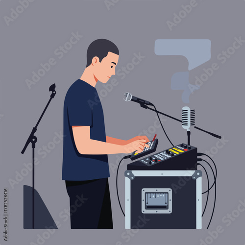 An illustration of a sound engineer working at a console with microphones. A speech bubble is in the background